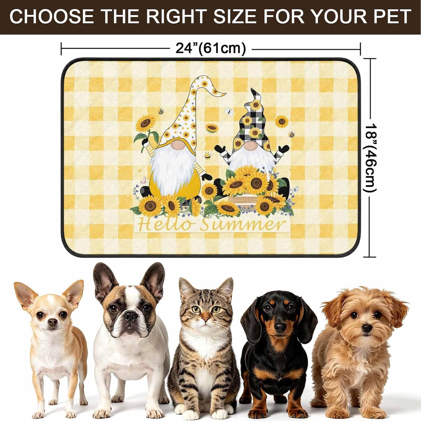 Sunflower Cute Gnomes Cat Litter Mat 24x18, Hello Summer Yellow Buffalo Kitty Litter Box mat for Cat Machine Washable Easy Clean Soft Non-Slip Pet Food Mats for Floor Rug