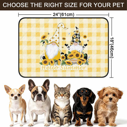 Sunflower Cute Gnomes Cat Litter Mat 24x18, Hello Summer Yellow Buffalo Kitty Litter Box mat for Cat Machine Washable Easy Clean Soft Non-Slip Pet Food Mats for Floor Rug