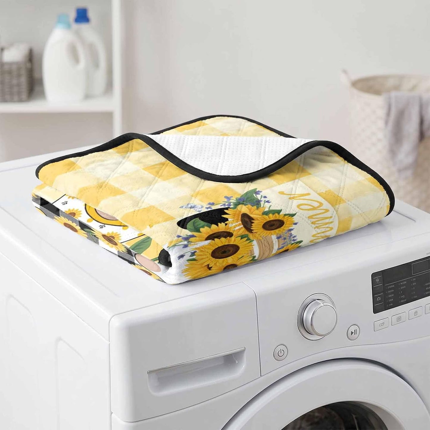 Sunflower Cute Gnomes Cat Litter Mat 24x18, Hello Summer Yellow Buffalo Kitty Litter Box mat for Cat Machine Washable Easy Clean Soft Non-Slip Pet Food Mats for Floor Rug