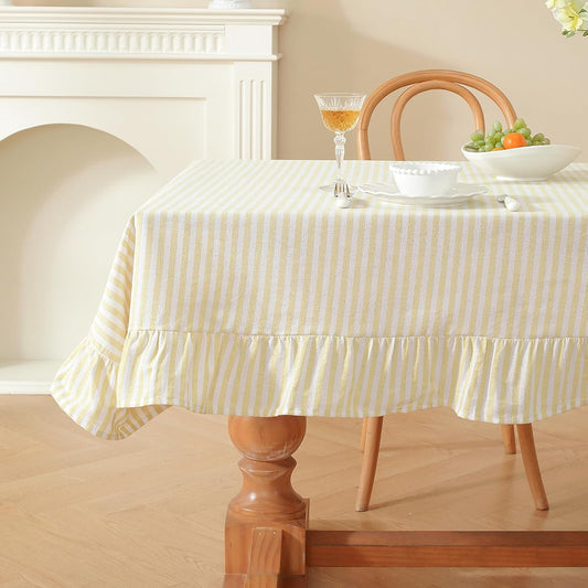 Striped Ruffled Tablecloth Square Fall Cotton Blend Stripe Table Cloth with Tassel, Farmhouse Washable Wrinkle Free Table Cover for Thanksgiving Outdoor Picnic Party Kitchen, Yellow, 55''x55''