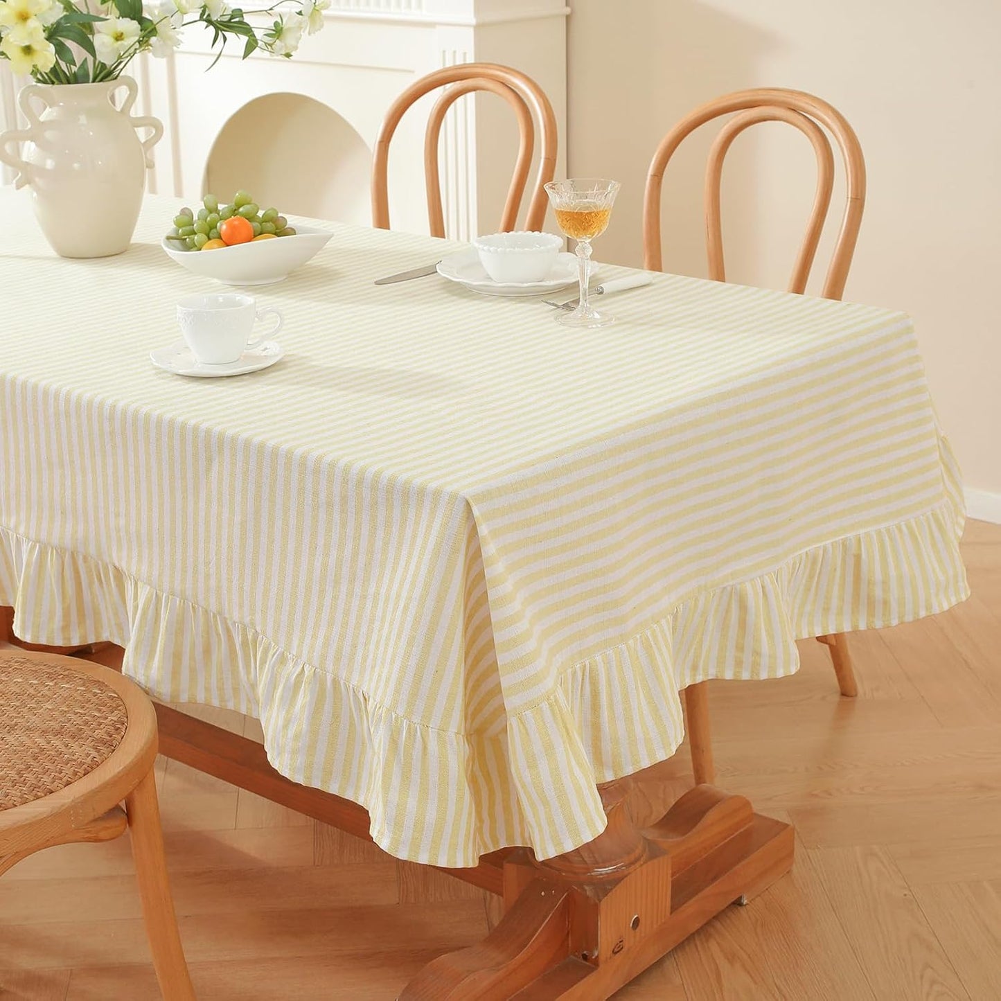 Striped Ruffled Tablecloth Square Fall Cotton Blend Stripe Table Cloth with Tassel, Farmhouse Washable Wrinkle Free Table Cover for Thanksgiving Outdoor Picnic Party Kitchen, Yellow, 55''x55''