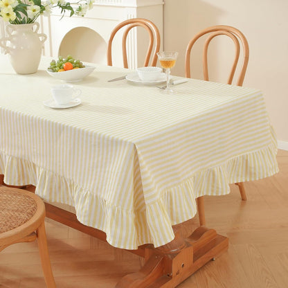 Striped Ruffled Tablecloth Square Fall Cotton Blend Stripe Table Cloth with Tassel, Farmhouse Washable Wrinkle Free Table Cover for Thanksgiving Outdoor Picnic Party Kitchen, Yellow, 55''x55''