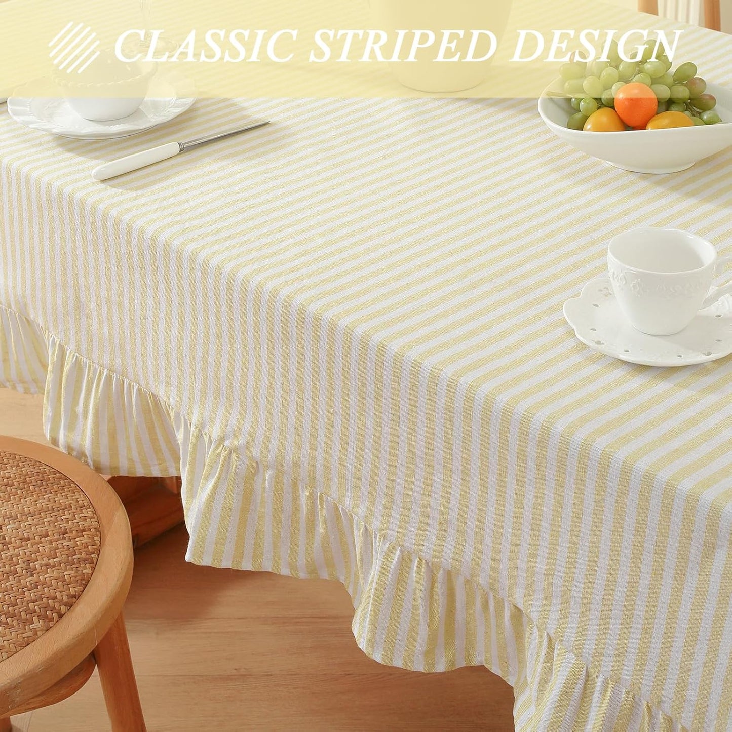 Striped Ruffled Tablecloth Square Fall Cotton Blend Stripe Table Cloth with Tassel, Farmhouse Washable Wrinkle Free Table Cover for Thanksgiving Outdoor Picnic Party Kitchen, Yellow, 55''x55''