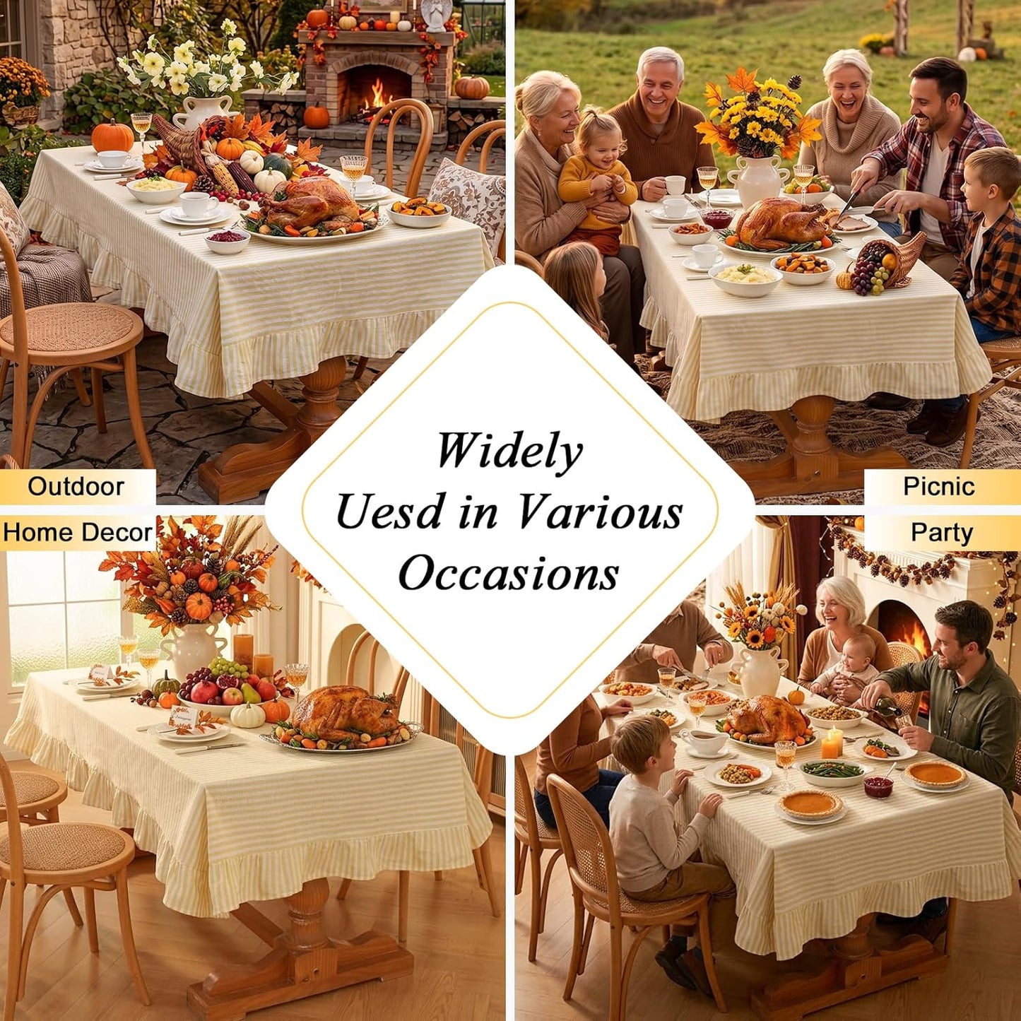 Striped Ruffled Tablecloth Square Fall Cotton Blend Stripe Table Cloth with Tassel, Farmhouse Washable Wrinkle Free Table Cover for Thanksgiving Outdoor Picnic Party Kitchen, Yellow, 55''x55''