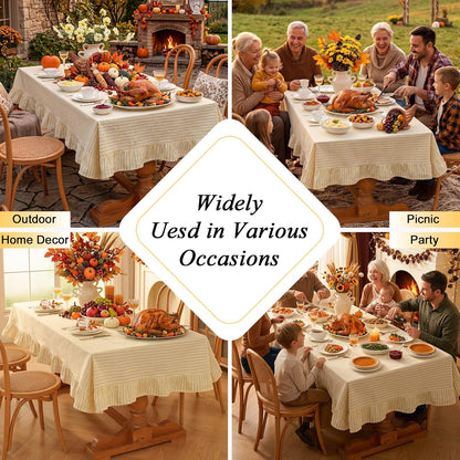 Striped Ruffled Tablecloth Square Fall Cotton Blend Stripe Table Cloth with Tassel, Farmhouse Washable Wrinkle Free Table Cover for Thanksgiving Outdoor Picnic Party Kitchen, Yellow, 55''x55''