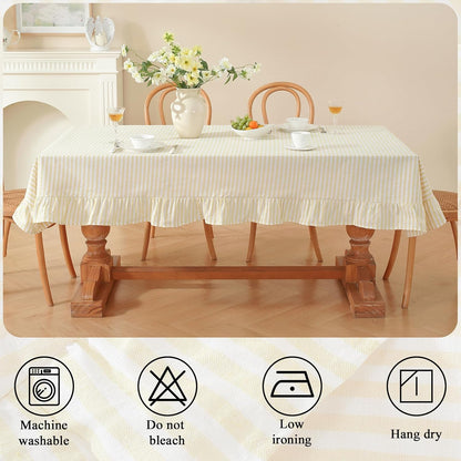 Striped Ruffled Tablecloth Square Fall Cotton Blend Stripe Table Cloth with Tassel, Farmhouse Washable Wrinkle Free Table Cover for Thanksgiving Outdoor Picnic Party Kitchen, Yellow, 55''x55''