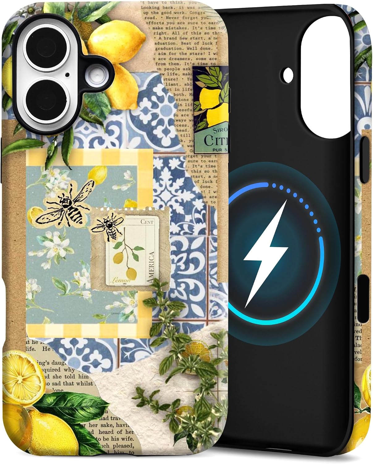 for iPhone 17 Case, Magnetic Matte Blue Lemon Cover | Frosted matte dual-layer case with Mediterranean lemon print, blue tile and botanical accents; works with MagSafe accessories