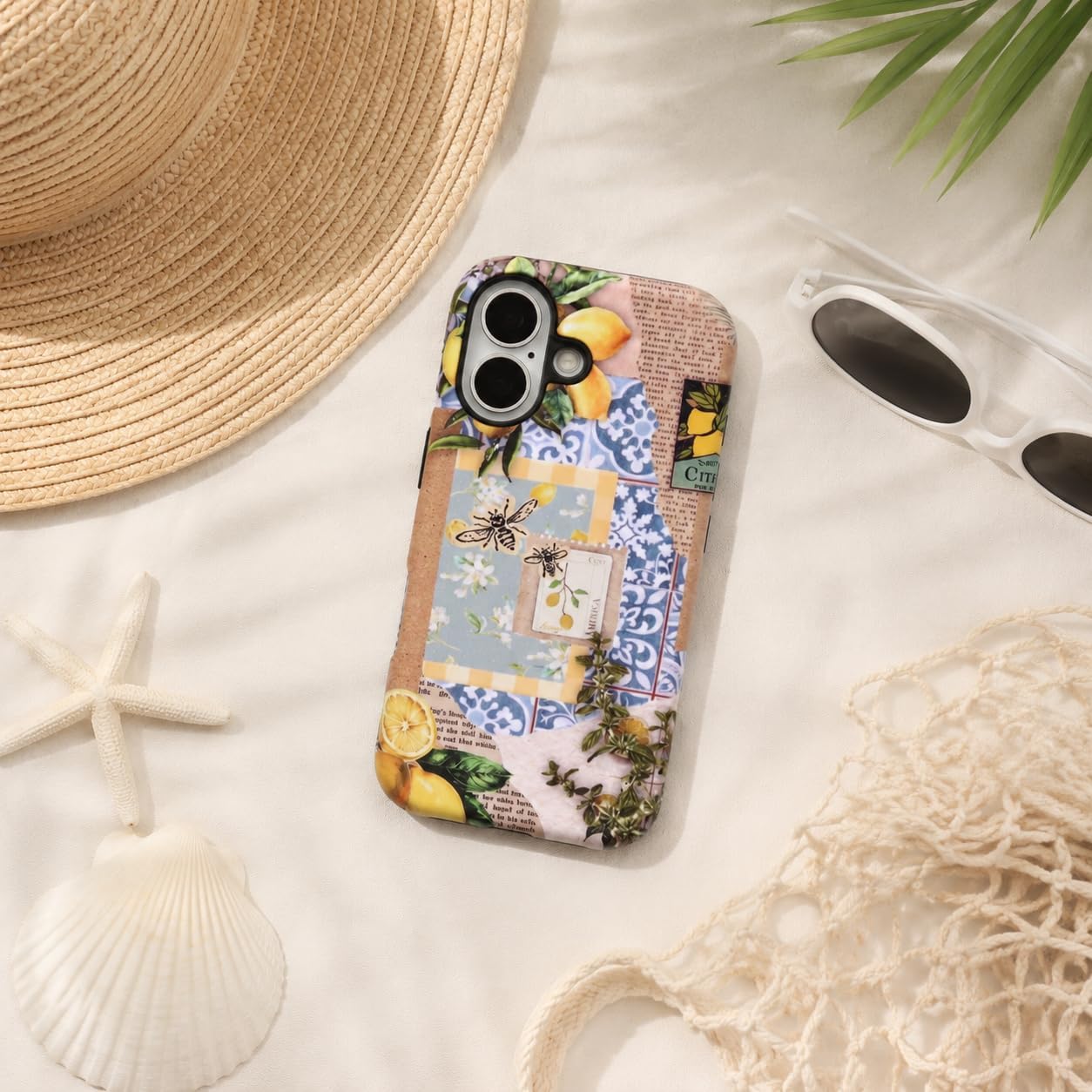 for iPhone 17 Case, Magnetic Matte Blue Lemon Cover | Frosted matte dual-layer case with Mediterranean lemon print, blue tile and botanical accents; works with MagSafe accessories
