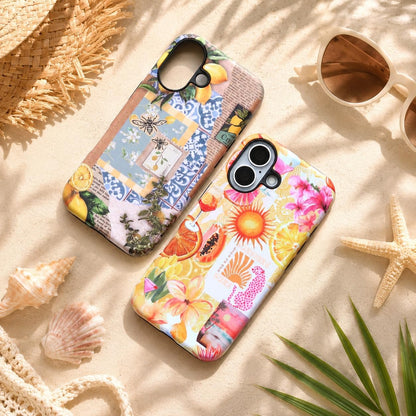 for iPhone 17 Case, Magnetic Matte Blue Lemon Cover | Frosted matte dual-layer case with Mediterranean lemon print, blue tile and botanical accents; works with MagSafe accessories
