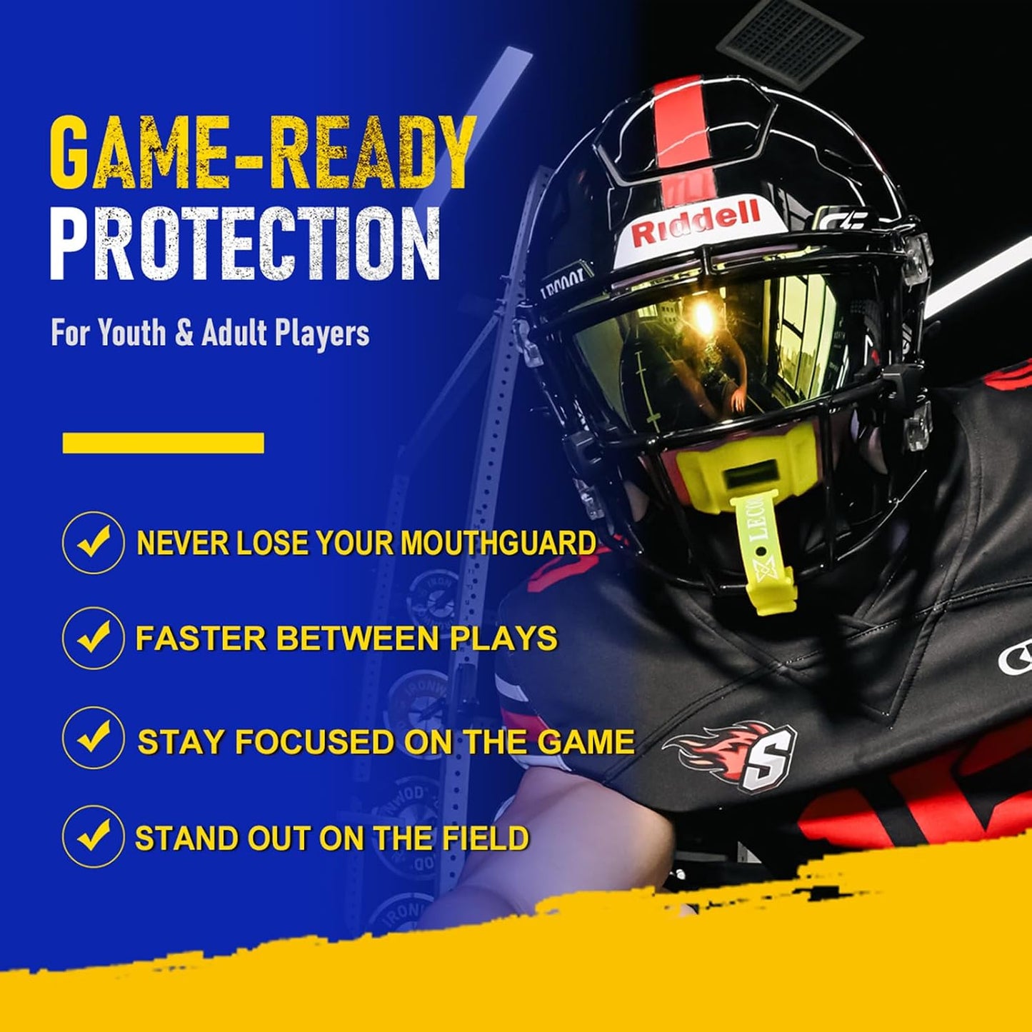 Football Mouth Guard with Strap for Youth & Adults.(Yellow) | No-Boil Instant Fit | High-Impact Protection | Lightweight Cushioning | Secure Strap | For Youth & Adult Football