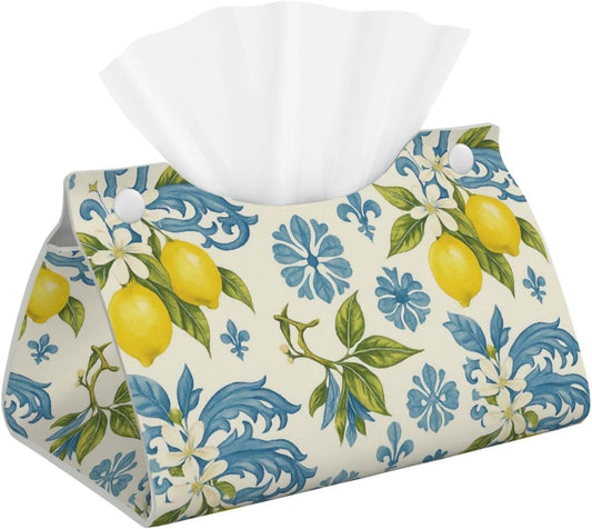 Lemon and Blue Ceramic Tissue Box Cover Rectangular Leather | Waterproof Durable lightweight Decorate Room