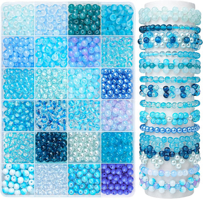 1200PCS 6mm Blue Glass Beads for Bracelets, 24 Colors Crystal Beads Bracelets Making Kit and Jewelry Making, Round Blue Ocean Sea Beads for Friendship Bracelets Earring Necklace DIY Crafts