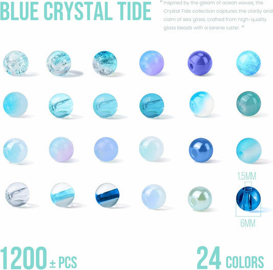 1200PCS 6mm Blue Glass Beads for Bracelets, 24 Colors Crystal Beads Bracelets Making Kit and Jewelry Making, Round Blue Ocean Sea Beads for Friendship Bracelets Earring Necklace DIY Crafts