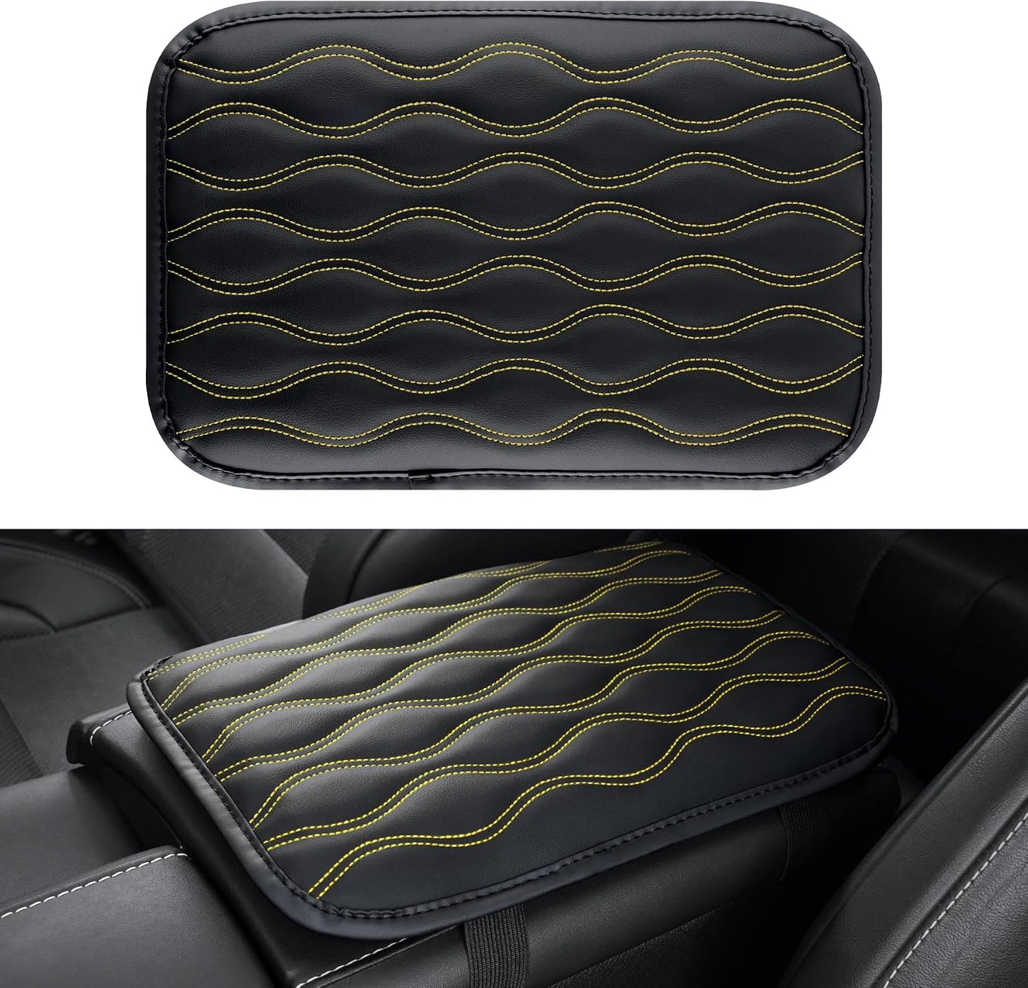 Auto Center Console Pad, Universal Waterproof Armrest Seat Box Cover, Car Interior Accessories, Leather Auto Armrest Cover Protector for Most Vehicle, SUV, Truck (Yellow-Line)