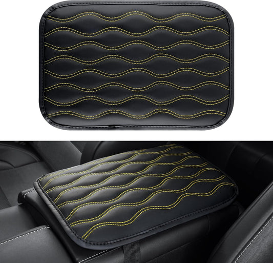 Auto Center Console Pad, Universal Waterproof Armrest Seat Box Cover, Car Interior Accessories, Leather Auto Armrest Cover Protector for Most Vehicle, SUV, Truck (Yellow-Line)
