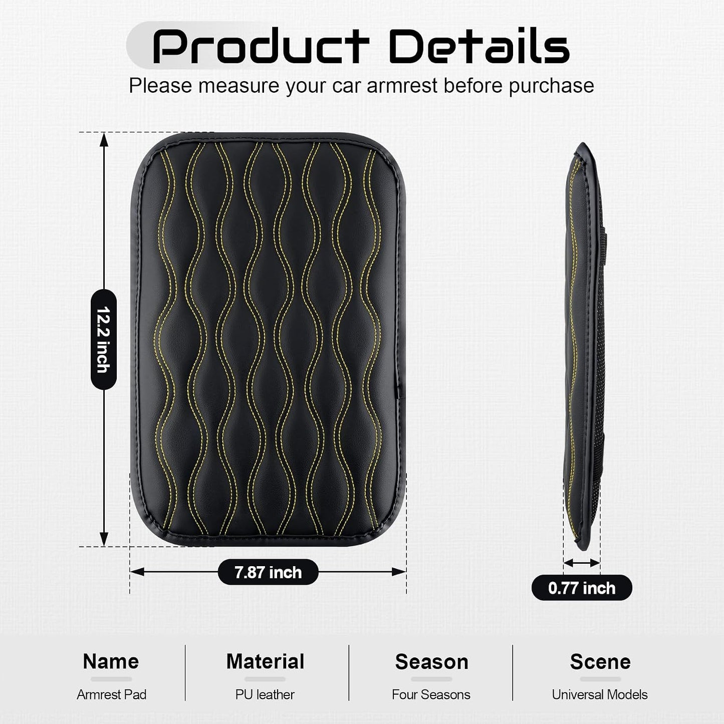 Auto Center Console Pad, Universal Waterproof Armrest Seat Box Cover, Car Interior Accessories, Leather Auto Armrest Cover Protector for Most Vehicle, SUV, Truck (Yellow-Line)