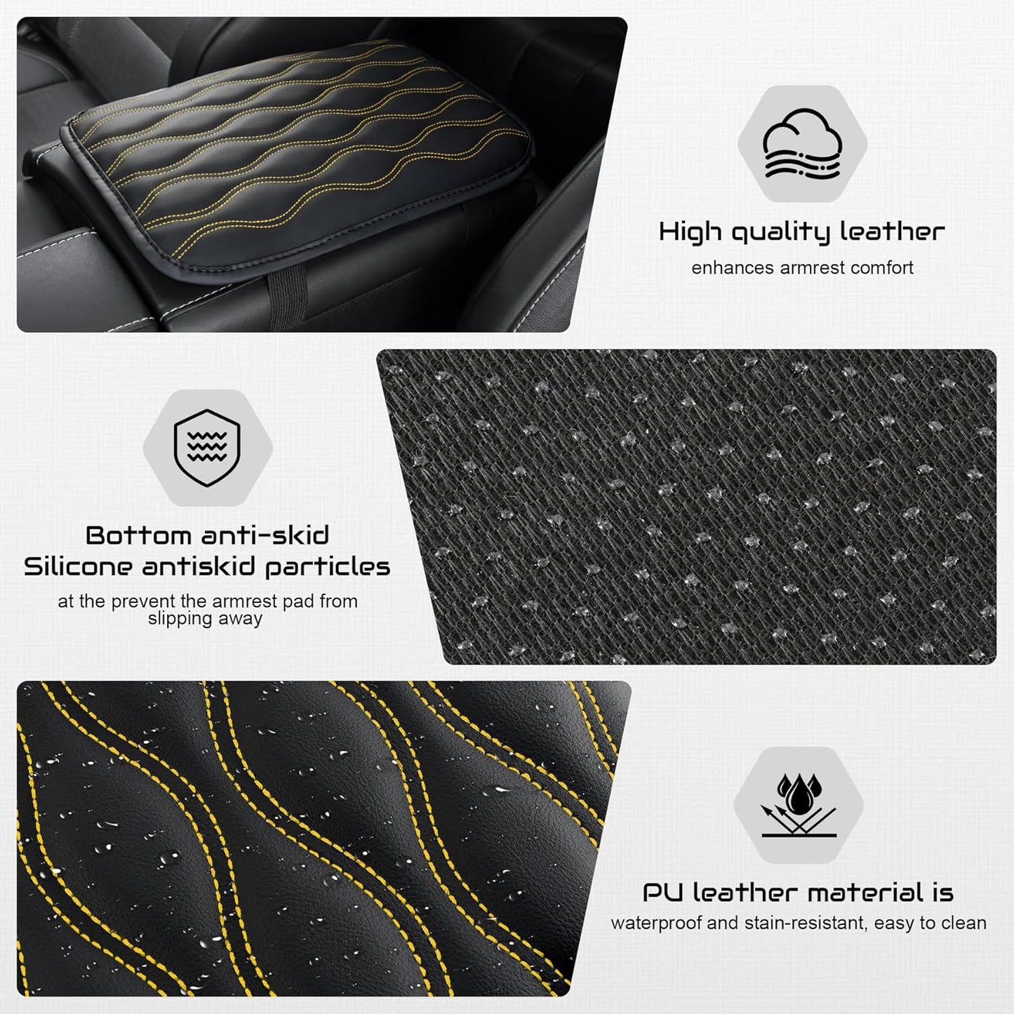 Auto Center Console Pad, Universal Waterproof Armrest Seat Box Cover, Car Interior Accessories, Leather Auto Armrest Cover Protector for Most Vehicle, SUV, Truck (Yellow-Line)