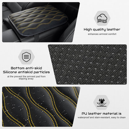 Auto Center Console Pad, Universal Waterproof Armrest Seat Box Cover, Car Interior Accessories, Leather Auto Armrest Cover Protector for Most Vehicle, SUV, Truck (Yellow-Line)