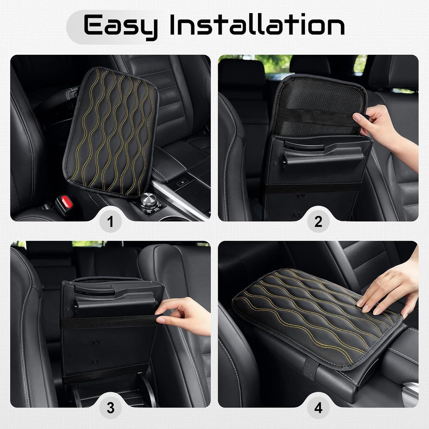 Auto Center Console Pad, Universal Waterproof Armrest Seat Box Cover, Car Interior Accessories, Leather Auto Armrest Cover Protector for Most Vehicle, SUV, Truck (Yellow-Line)
