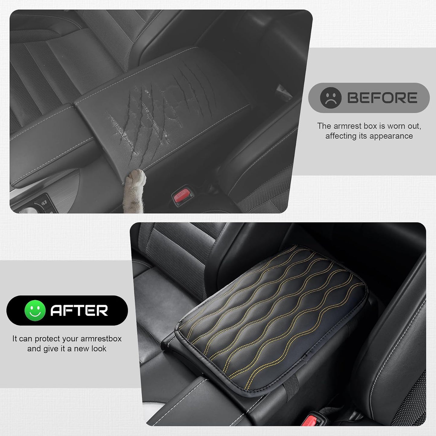 Auto Center Console Pad, Universal Waterproof Armrest Seat Box Cover, Car Interior Accessories, Leather Auto Armrest Cover Protector for Most Vehicle, SUV, Truck (Yellow-Line)