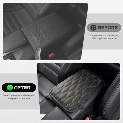 Auto Center Console Pad, Universal Waterproof Armrest Seat Box Cover, Car Interior Accessories, Leather Auto Armrest Cover Protector for Most Vehicle, SUV, Truck (Yellow-Line)