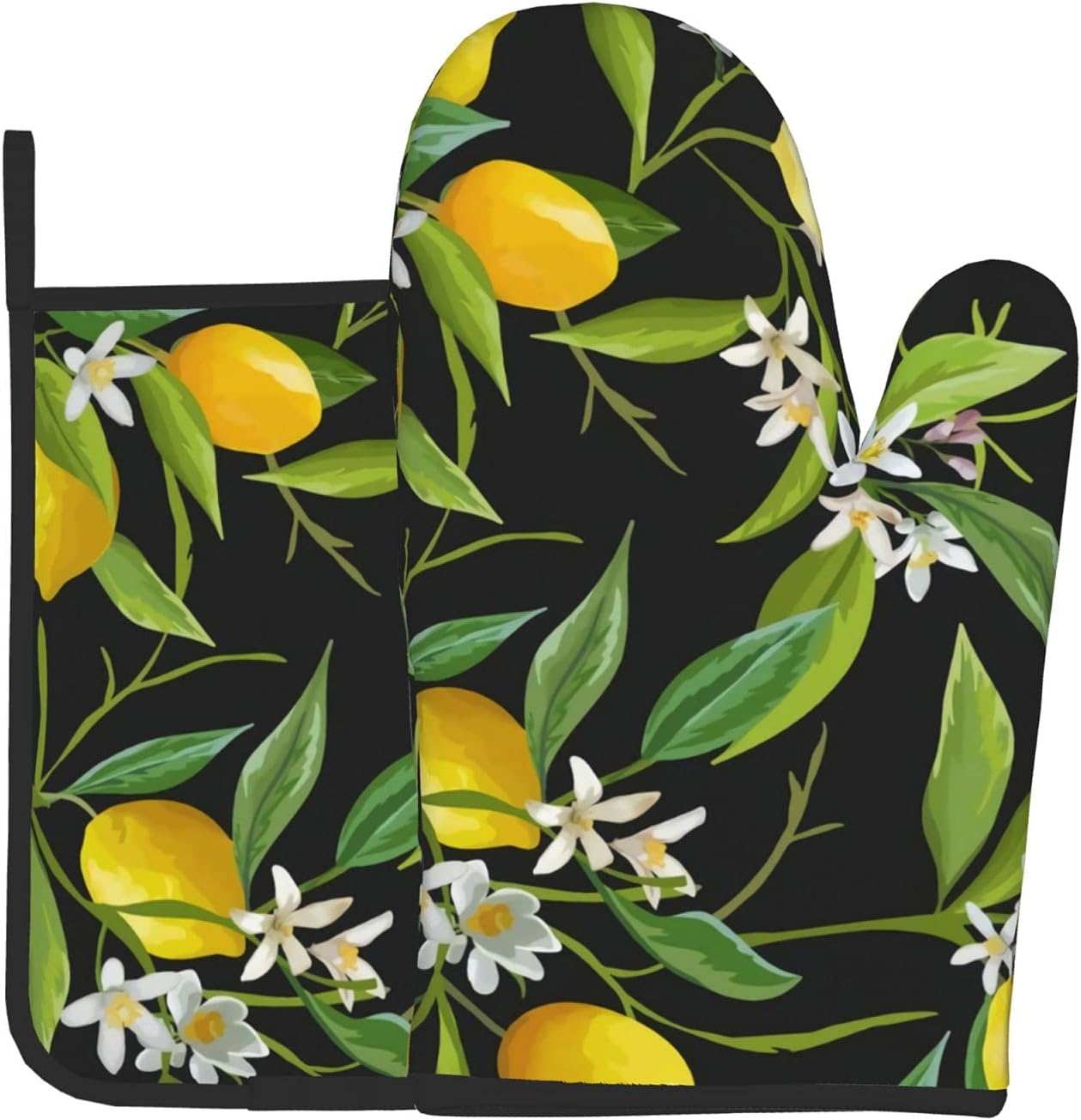 Print Lemon and Flower Oven Mitts and Pot Holders Sets Resistant Hot Pads with Polyester Non-Slip Gloves for Kitchen,Cooking,Baking,Grilling
