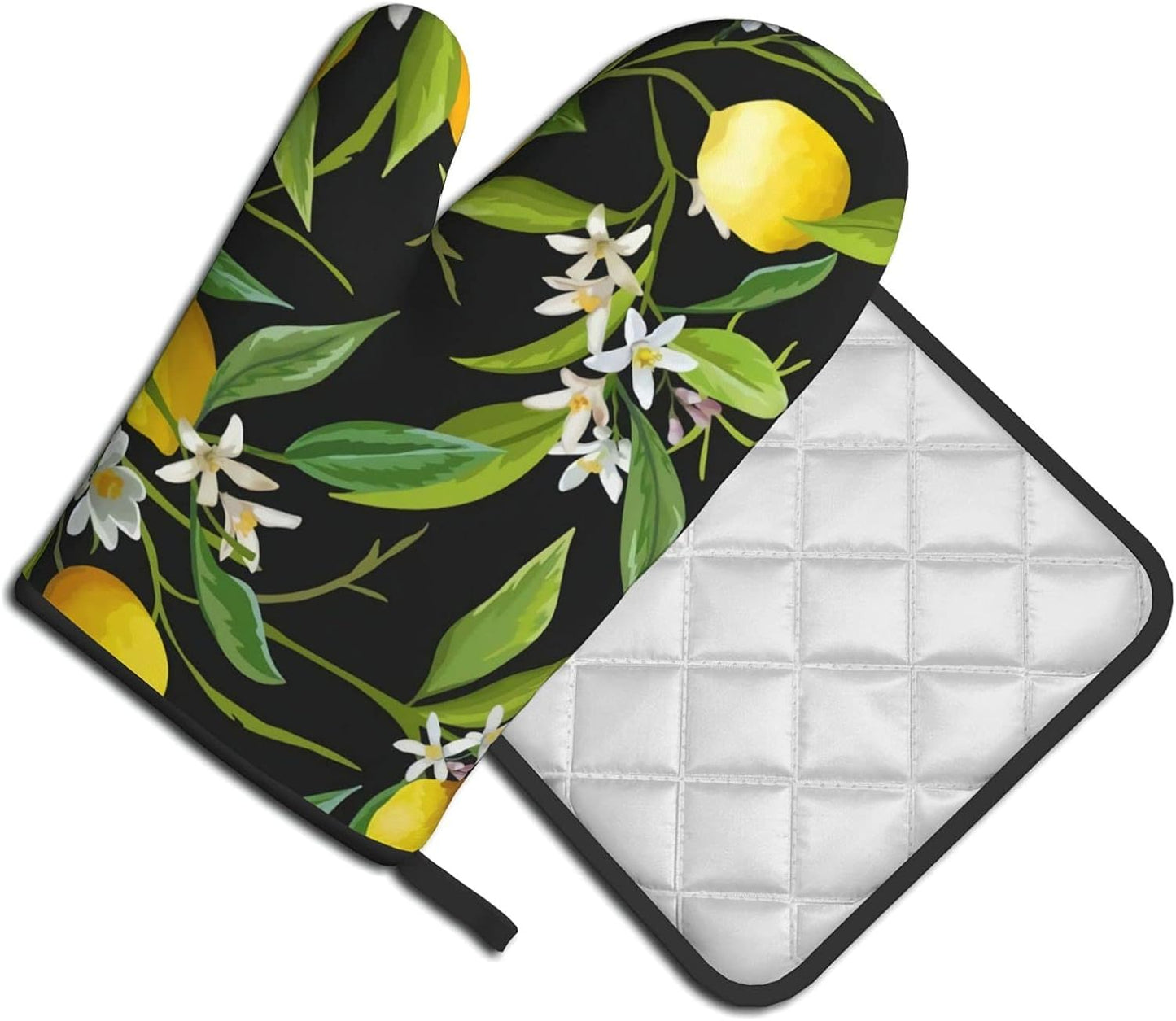 Print Lemon and Flower Oven Mitts and Pot Holders Sets Resistant Hot Pads with Polyester Non-Slip Gloves for Kitchen,Cooking,Baking,Grilling