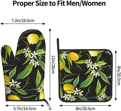 Print Lemon and Flower Oven Mitts and Pot Holders Sets Resistant Hot Pads with Polyester Non-Slip Gloves for Kitchen,Cooking,Baking,Grilling