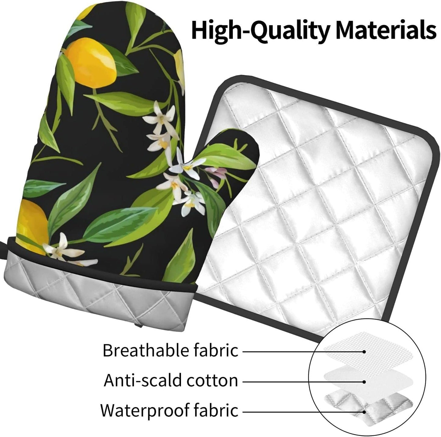 Print Lemon and Flower Oven Mitts and Pot Holders Sets Resistant Hot Pads with Polyester Non-Slip Gloves for Kitchen,Cooking,Baking,Grilling
