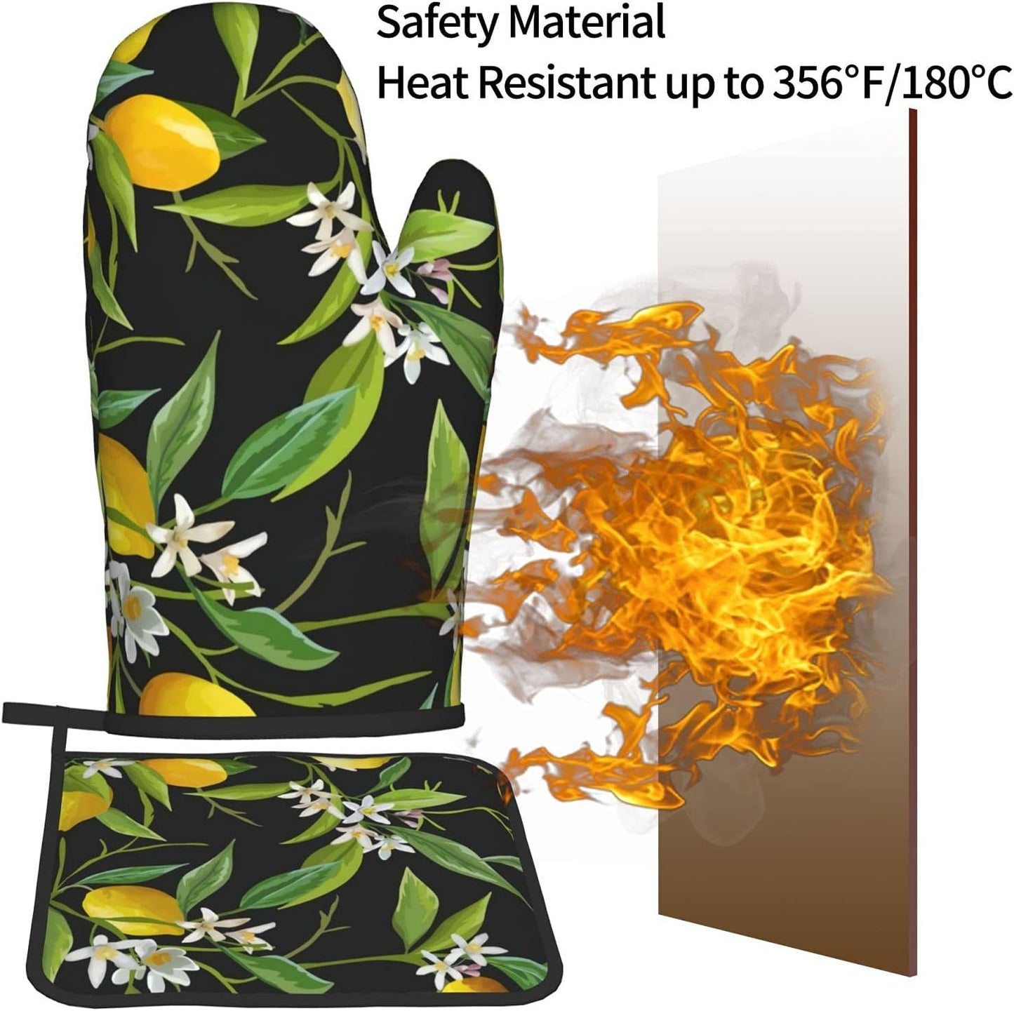 Print Lemon and Flower Oven Mitts and Pot Holders Sets Resistant Hot Pads with Polyester Non-Slip Gloves for Kitchen,Cooking,Baking,Grilling