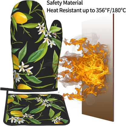 Print Lemon and Flower Oven Mitts and Pot Holders Sets Resistant Hot Pads with Polyester Non-Slip Gloves for Kitchen,Cooking,Baking,Grilling
