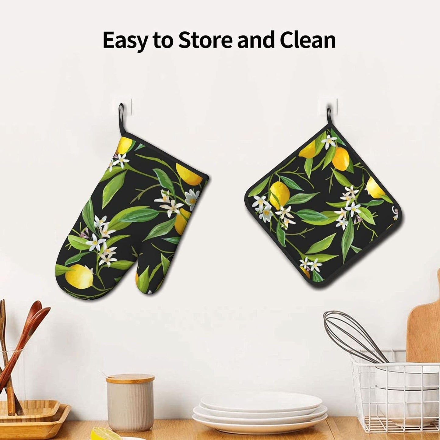 Print Lemon and Flower Oven Mitts and Pot Holders Sets Resistant Hot Pads with Polyester Non-Slip Gloves for Kitchen,Cooking,Baking,Grilling