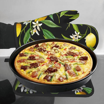 Print Lemon and Flower Oven Mitts and Pot Holders Sets Resistant Hot Pads with Polyester Non-Slip Gloves for Kitchen,Cooking,Baking,Grilling