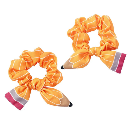 Back to School Hair Ties Yellow Pencil Bow Hair Bands Stripe Pencil Hair Scrunchies Elastic Rubber Bands Ponytail Holders Hair Accessories for Women Girls First Day of School Party Favor 2Pcs