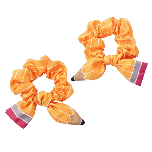Back to School Hair Ties Yellow Pencil Bow Hair Bands Stripe Pencil Hair Scrunchies Elastic Rubber Bands Ponytail Holders Hair Accessories for Women Girls First Day of School Party Favor 2Pcs