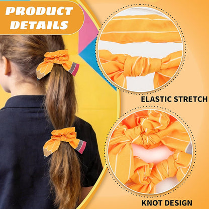 Back to School Hair Ties Yellow Pencil Bow Hair Bands Stripe Pencil Hair Scrunchies Elastic Rubber Bands Ponytail Holders Hair Accessories for Women Girls First Day of School Party Favor 2Pcs
