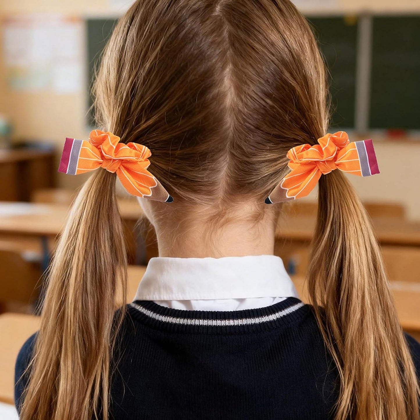 Back to School Hair Ties Yellow Pencil Bow Hair Bands Stripe Pencil Hair Scrunchies Elastic Rubber Bands Ponytail Holders Hair Accessories for Women Girls First Day of School Party Favor 2Pcs
