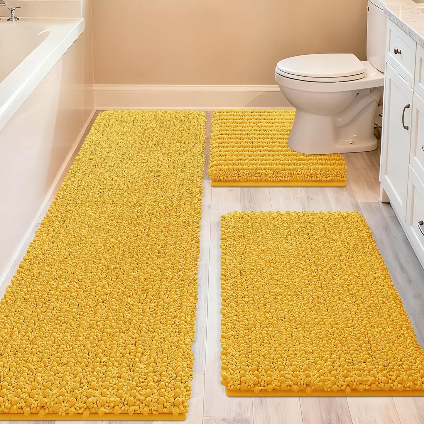 Upgrade Extra Large Gold Bathroom Rug Set 3 Pieces Ultra Soft, Thick Absorbent Bath Mats, Non Slip Chenille Toilet Mat for Bathroom, Bedroom, Kitchen, Yellow