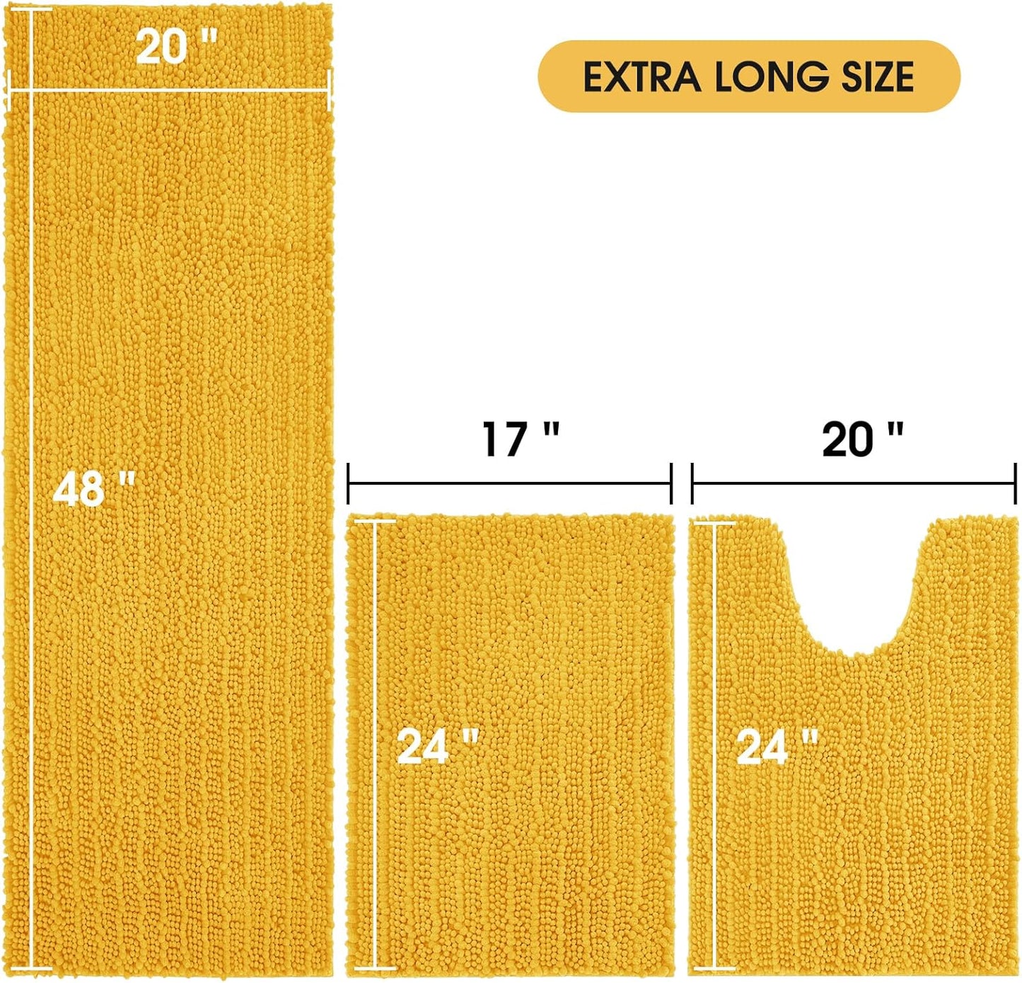Upgrade Extra Large Gold Bathroom Rug Set 3 Pieces Ultra Soft, Thick Absorbent Bath Mats, Non Slip Chenille Toilet Mat for Bathroom, Bedroom, Kitchen, Yellow