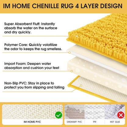 Upgrade Extra Large Gold Bathroom Rug Set 3 Pieces Ultra Soft, Thick Absorbent Bath Mats, Non Slip Chenille Toilet Mat for Bathroom, Bedroom, Kitchen, Yellow
