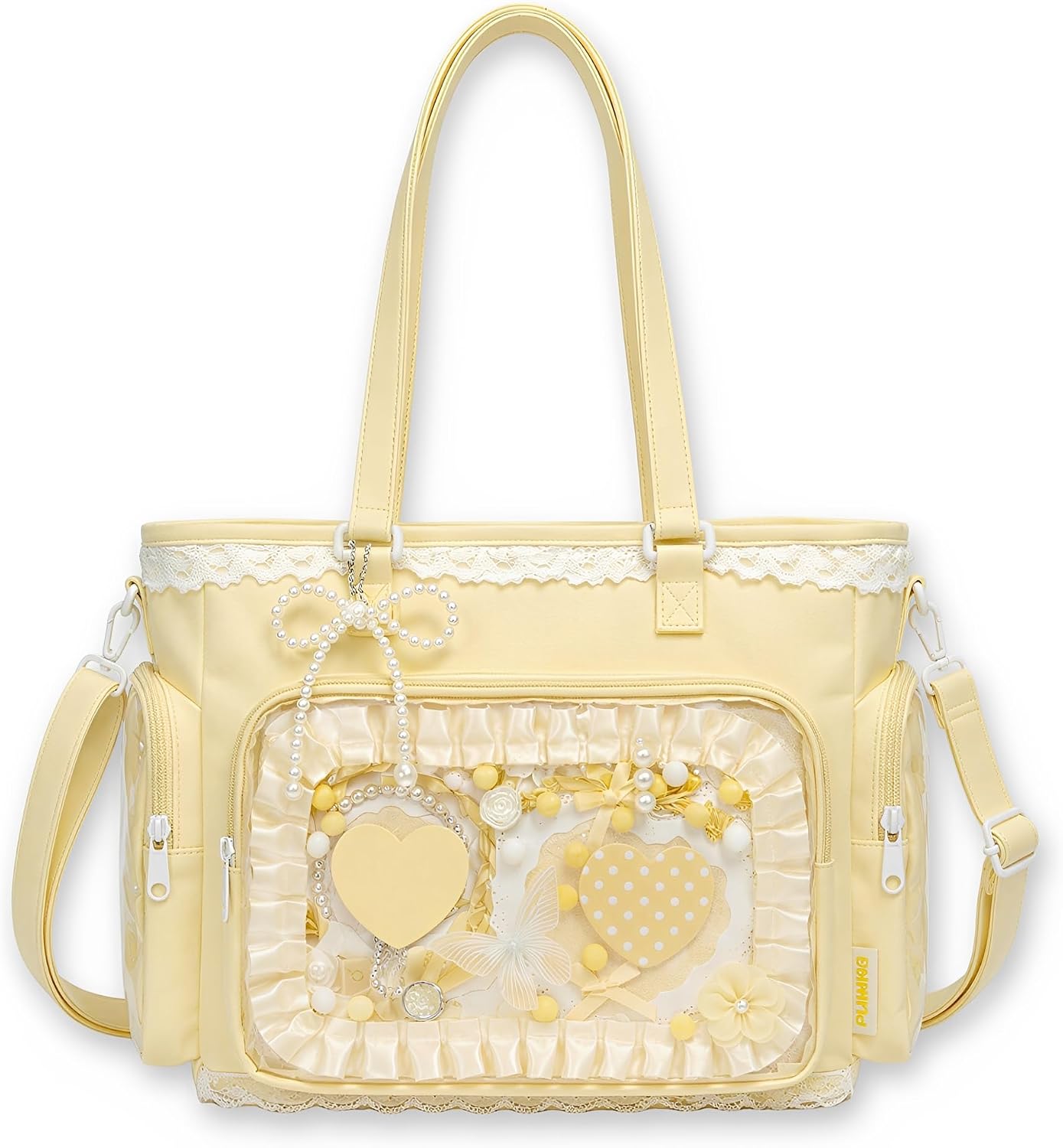 Kawaii Ita Tote Crossbody Bag with Insert Anime Pin Display,Yellow | Large Lace Clear Window Pin Collect Bag, Ruffle Ita Bag with Mesh Texture Insert for Cosplay Lolita, (No Pins)
