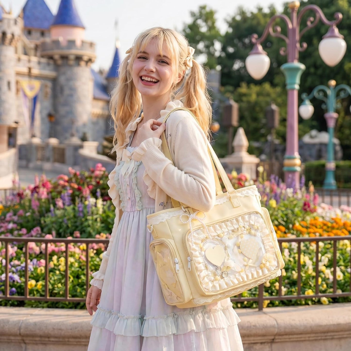 Kawaii Ita Tote Crossbody Bag with Insert Anime Pin Display,Yellow | Large Lace Clear Window Pin Collect Bag, Ruffle Ita Bag with Mesh Texture Insert for Cosplay Lolita, (No Pins)