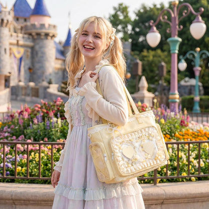 Kawaii Ita Tote Crossbody Bag with Insert Anime Pin Display,Yellow | Large Lace Clear Window Pin Collect Bag, Ruffle Ita Bag with Mesh Texture Insert for Cosplay Lolita, (No Pins)