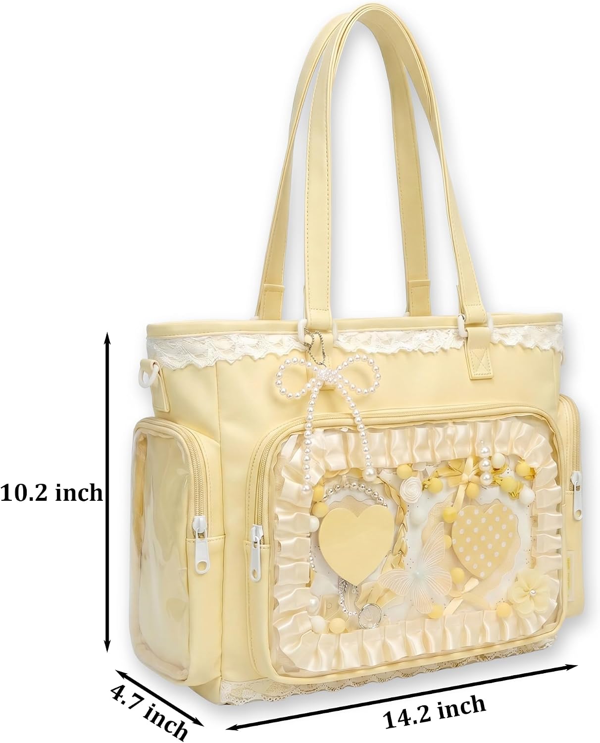 Kawaii Ita Tote Crossbody Bag with Insert Anime Pin Display,Yellow | Large Lace Clear Window Pin Collect Bag, Ruffle Ita Bag with Mesh Texture Insert for Cosplay Lolita, (No Pins)