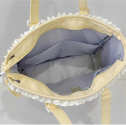 Kawaii Ita Tote Crossbody Bag with Insert Anime Pin Display,Yellow | Large Lace Clear Window Pin Collect Bag, Ruffle Ita Bag with Mesh Texture Insert for Cosplay Lolita, (No Pins)