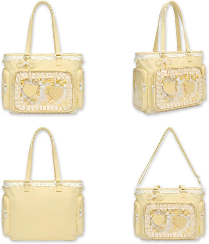 Kawaii Ita Tote Crossbody Bag with Insert Anime Pin Display,Yellow | Large Lace Clear Window Pin Collect Bag, Ruffle Ita Bag with Mesh Texture Insert for Cosplay Lolita, (No Pins)