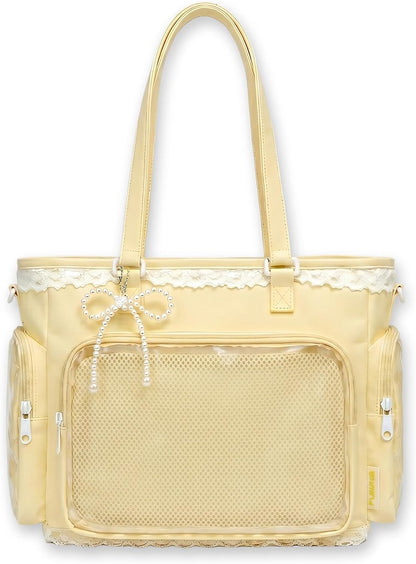 Kawaii Ita Tote Crossbody Bag with Insert Anime Pin Display,Yellow | Large Lace Clear Window Pin Collect Bag, Ruffle Ita Bag with Mesh Texture Insert for Cosplay Lolita, (No Pins)
