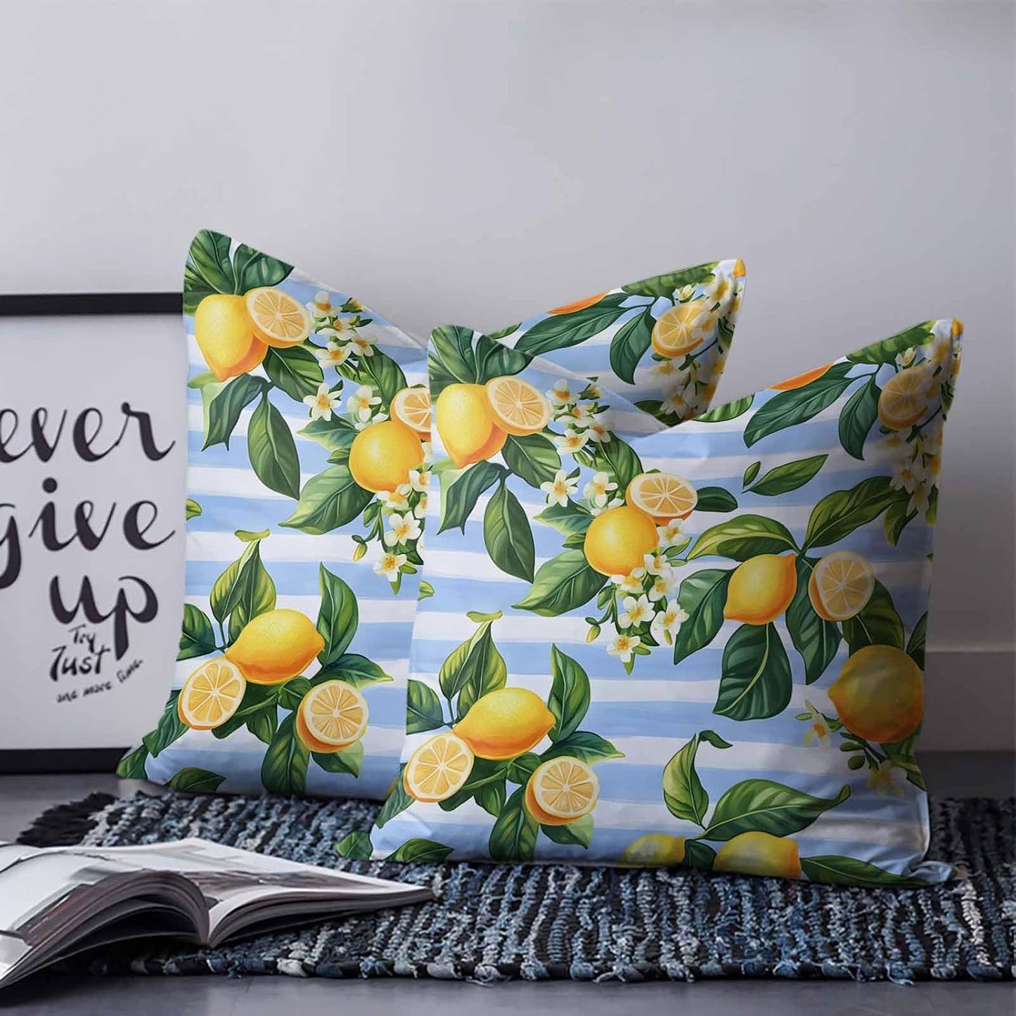 Pastoral Lemon 2PCS Throw Pillow Covers for Couch Sofa Bed, Yellow Blue Flowers Stripes Pillow Covers 16x16 inch, Standard Pillowcases Set Decorative Cushion Covers for Living Room Bedroom