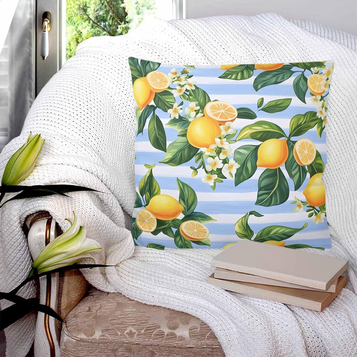 Pastoral Lemon 2PCS Throw Pillow Covers for Couch Sofa Bed, Yellow Blue Flowers Stripes Pillow Covers 16x16 inch, Standard Pillowcases Set Decorative Cushion Covers for Living Room Bedroom