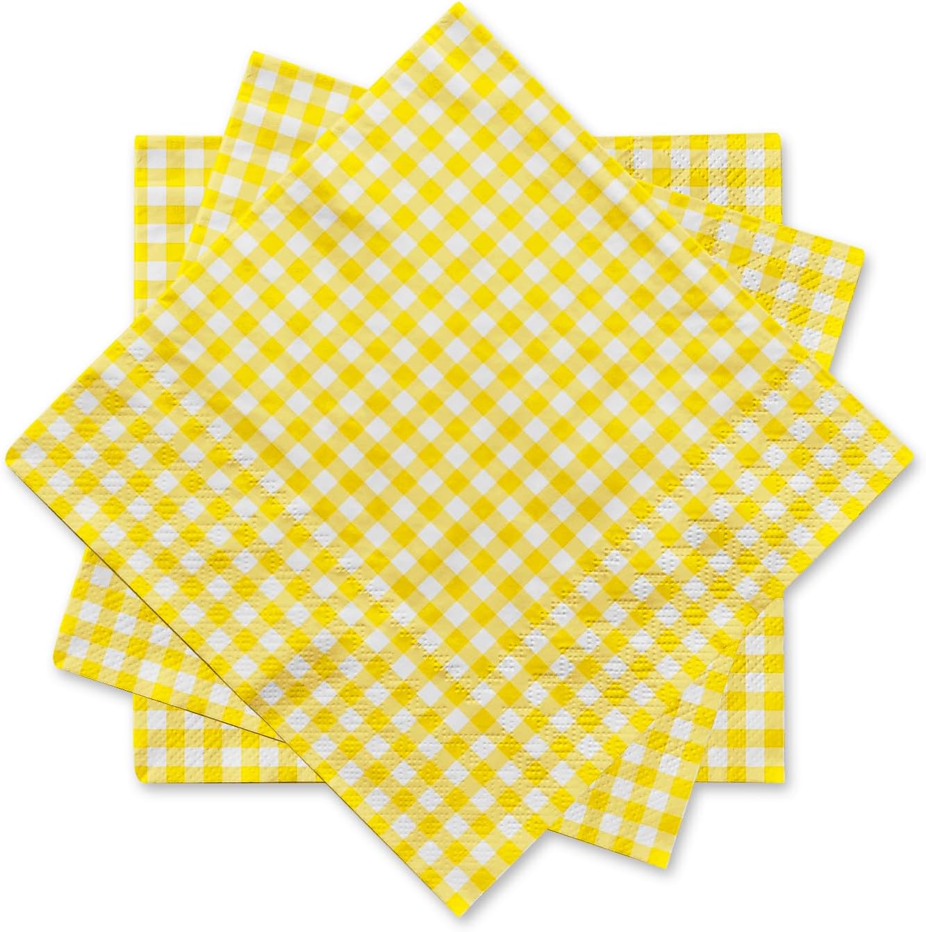 Party Supplies, Disposable Paper Napkins Yellow and White Gingham Napkins for Easter Party（3-ply, 6.5X6.5 in, 50-Pack)